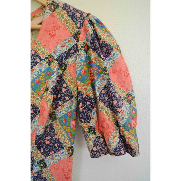 Vintage Patchwork Cotton Puff Sleeve Corset Midi Dress - Picture 5 of 6